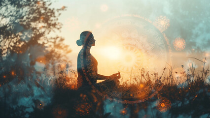 Mystical Meditation in Nature with Sacred Geometry Double Exposure - 728170758