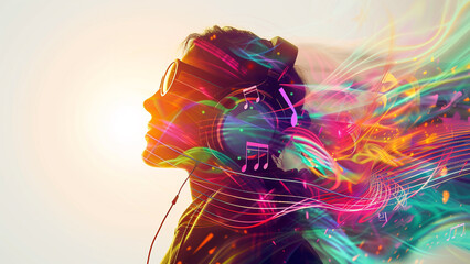 Euphonic Fusion Double Exposure with Headphones Musical Notes