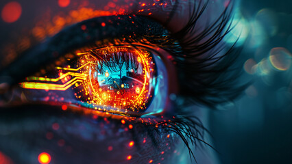 Cybernetic Futuristic Eye Double Exposure with Neon Circuit Patterns