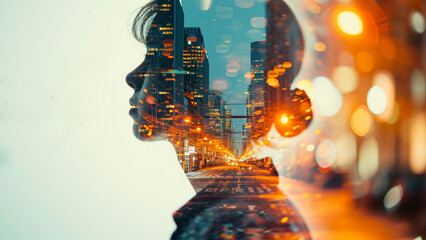 Double Exposure of Determined Profile Against City Streets