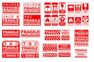 Vector illustration of Fragile, Handle with Care or Package Label stickers set. Red and white colour set. - obrazy, fototapety, plakaty