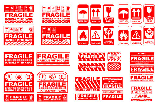 Vector illustration of Fragile, Handle with Care or Package Label stickers set. Red and white colour set.