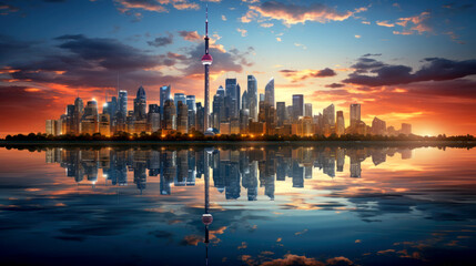 Obraz premium Cityscape wallpaper. City 4K wallpaper backdrop 16:9 aspect ratio. City and water reflections. Symmetrical reflections. Panoramic skyline. Sunrise and sunset.