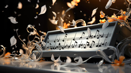 musical background. Music notes, charts, and feathers. 4K widescreen wallpaper background with music notes. Golden notes. Music orchestra notes. Music theme.