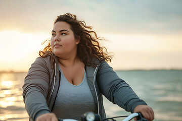 young attractive plus size woman rides a bike in sea on a summer day, training motivation for...