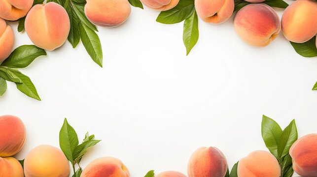 Frame composition peaches fruit on white border background. presentation. advertisement. template for artwork. copy text space.