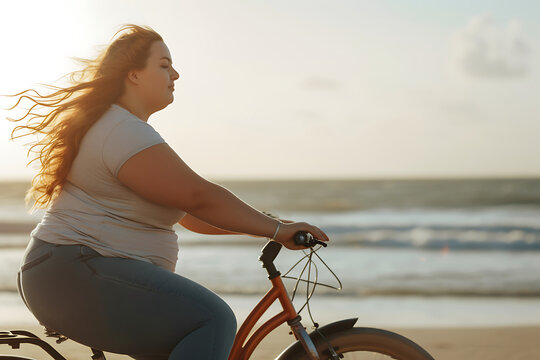young attractive plus size woman rides a bike in sea on a summer day, training motivation for losing excess weight and against obesity