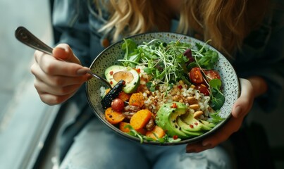 Woman holding a colorful bowl of salad with nuts.