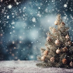 Fototapeta na wymiar Snowy Christmas tree with cones on a blurred blue snowy background, wallpaper, space for text