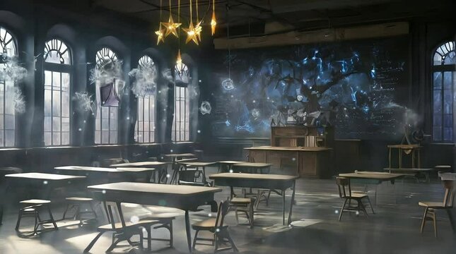 A wizard classroom with a magical and quiet atmosphere. Scenes of magic in the classroom hall. Magical and fantasy-themed seamless looping animation backgrounds
