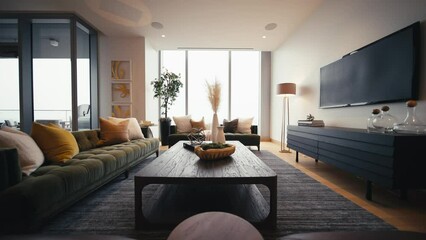 wide push in shot inside of a home living room showing a coffee table, 2 couches, and a tv