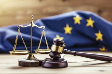 Gavel on EU flag background with justice scales - obrazy, fototapety, plakaty