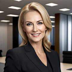 portrait/studio photograph/headshot of a smiling, middle-aged blonde businesswoman wearing a black suit in an office - confident, competent employee or executive