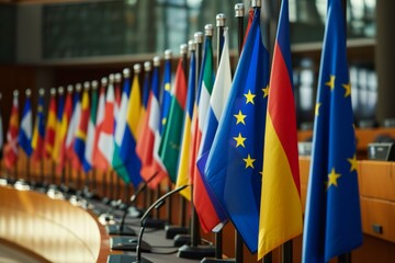 EU and Member States flags in front of building