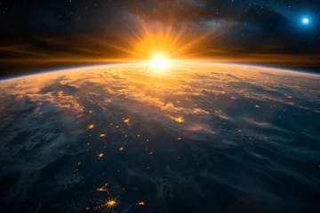 Fotobehang sun shining behind the earth from space. Generative AI © Phichitpon