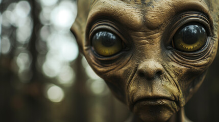 Alien with big eyes from outer space hiding in the forest.