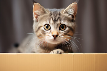 Curious Kitten Peeking Out of a Cardboard Box