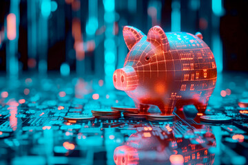 piggy bank money coins saving in futuristic background , financial investment and budget concept, . generative ai