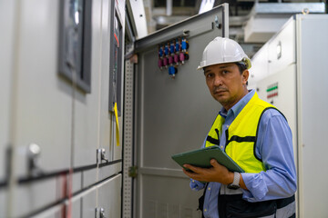 Asian mature man engineer in safety uniform working on tablet in factory server electric control...
