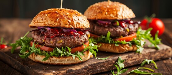 Delicious Duo: Two Mouthwatering Homemade Grilled Hamburgers Served on a Rustic Wooden Board