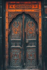an aged wooden door with intricate carvings