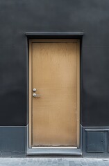a minimalist wooden door on black wall