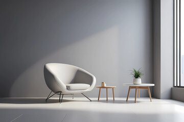 3D rendering of the armchair and seat for the interview candidate in front of the grey wall in the modern and minimalistic interior or waiting room with white floor design.