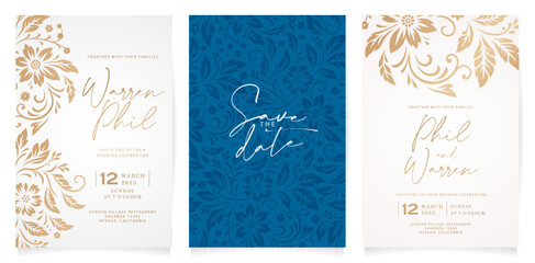 three wedding invitation cards with gold and blue floral designs ornament for Stationery, Layouts, collages, scene designs, event flyer, Holiday celebrations cards papers printing covers, golden foils