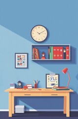 desk , posters and books in front of a blue background