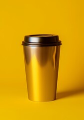 gold cup with black lid over yellow background