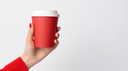 Hand holding red disposable take out coffee cup on white background. Mockup, space for text.