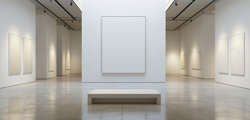 A contemporary art gallery with a single, large empty frame, strikingly illuminated by a sharp spotlight, set against a backdrop of clean, white walls. - obrazy, fototapety, plakaty