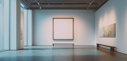 A contemporary art gallery with a solitary empty frame, against a backdrop of minimalist design.