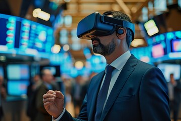 Businessman Experiencing Virtual Reality on Trading Floor.