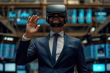 Businessman Experiencing Virtual Reality on Trading Floor.