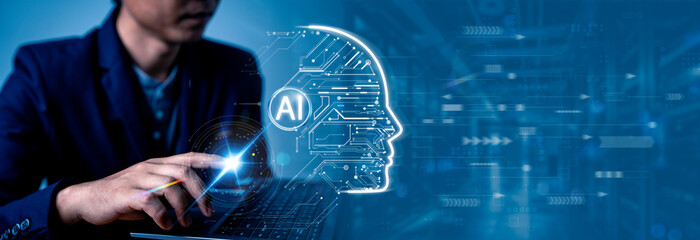 Businessman use laptop and synchronize with structure of the brain Artificial Intelligence on networking for working in the futuristic business, Coding, and software development. AI Machine learning