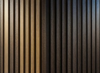Modern acoustic panel - vertical wood pattern - wooden slats in alternating color tones - interplay of darkness and light - wall, wallpaper, wall covering, background, backdrop - obrazy, fototapety, plakaty