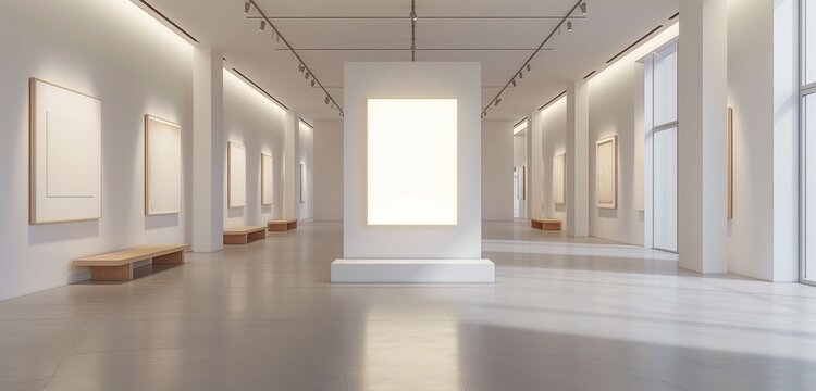 A high-tech art gallery with a sleek, minimalist aesthetic, featuring one empty frame in the spotlight, creating a focal point in the otherwise empty space.