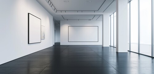 A minimalist art gallery with a sleek black floor, featuring a single, large empty frame against a white wall.