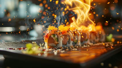 Foto op Canvas Vibrant and flavorful sushi rolls accompanied by a mesmerizing backdrop of dancing fire guaranteeing a dining experience that will ignite your taste buds. © Justlight