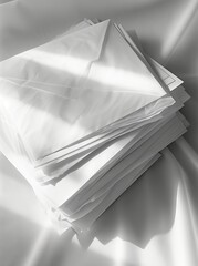 several white envelopes and papers stacked on a white surface