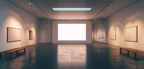 A sleek, modern art gallery with pristine white walls and a single empty frame in the center, illuminated by a focused spotlight, casting dramatic shadows. - obrazy, fototapety, plakaty