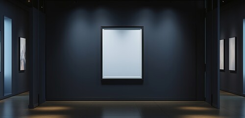 A sleek, modern art gallery with a single, prominent empty frame, set against a backdrop of matte black wall.