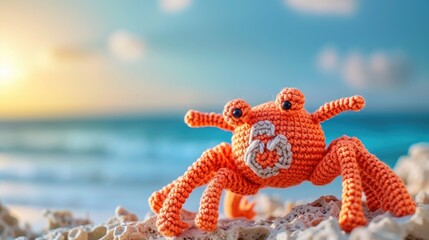 Naklejka premium Crocheted crab toy vibrant backdrop, handcrafted and adorable, Ai Generated