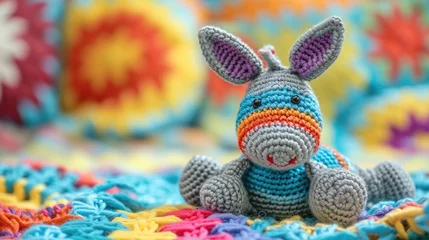 Schilderijen op glas Crocheted donkey toy vibrant backdrop, handcrafted and adorable, Ai Generated © Crazy Juke