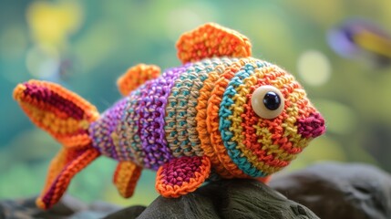 Crocheted fish toy vibrant backdrop, handcrafted and adorable, Ai Generated