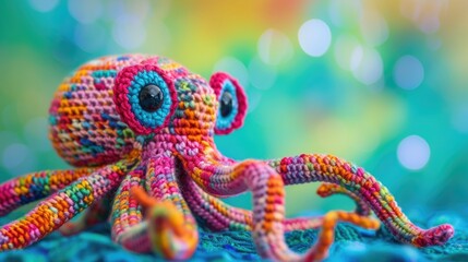 Crocheted squid toy vibrant backdrop, handcrafted and adorable, Ai Generated