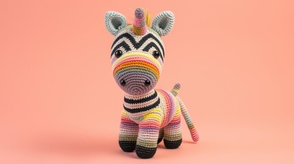 Obraz na płótnie Canvas Crocheted zebra toy vibrant backdrop, handcrafted and adorable, Ai Generated