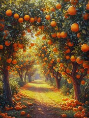 Lush orange orchard, trees laden with citrus, a vibrant haven of freshness, Ai Generated. - obrazy, fototapety, plakaty
