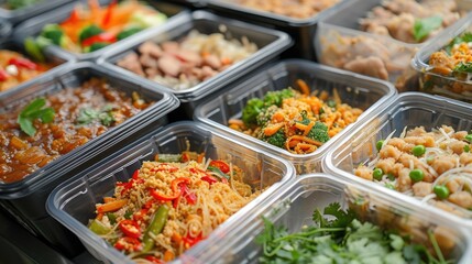 Fototapeta premium Modern Thai food lunch boxes in plastic packages, a convenient and delicious option, Ai Generated.